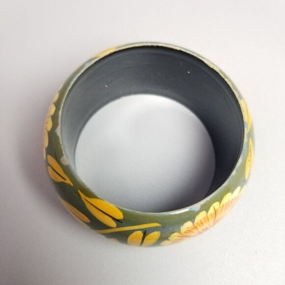 Vintage Yellow Floral Wide Bangle Bracelet, Gray Background, Retro Estate - Picture 4 of 7